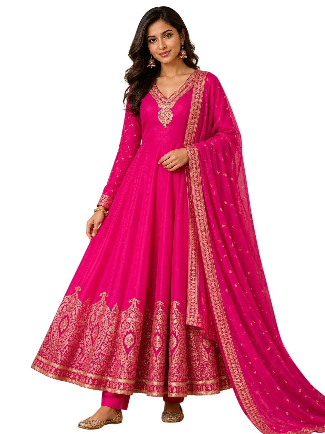 Women's Beautiful Chanderi Base Fabric with Banarasi Premium Works Gown Pant & Dupatta Set Anarkali Gown, Full Sleeve Ethnic Gown and Dupatta Set-image-11