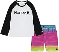 Hurley Boys Baby Toddler 2-Piece Rash Guard Swim Set - UPF 50+ Long Sleeve Top & Striped Stretch Shorts
