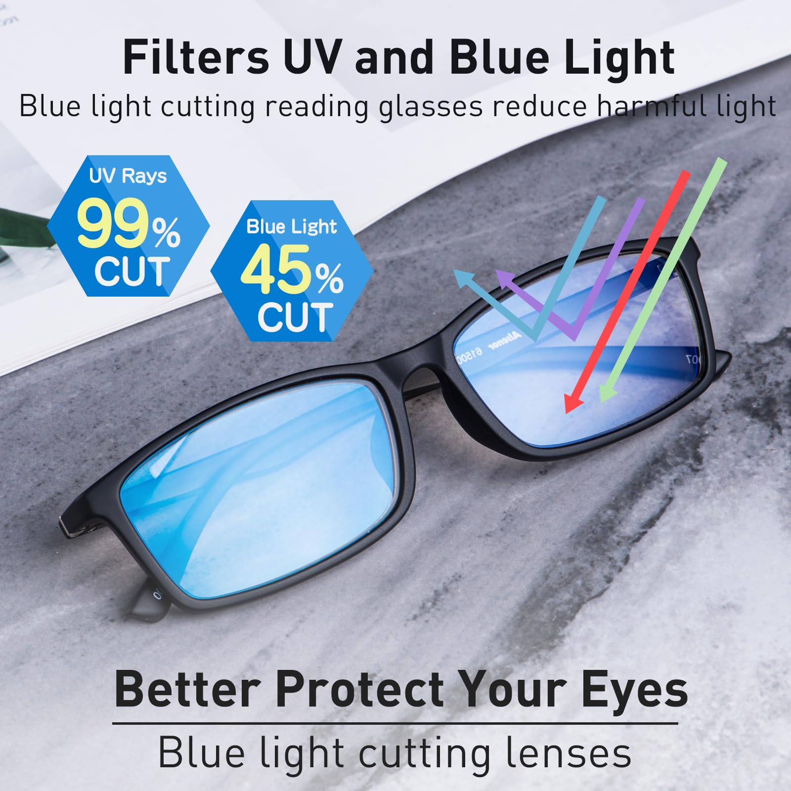 Lesebrille mit Blaulichtfilter, TR92-Gestell, ultradünne Gläser, leicht, Einstärkenbrille für Computer, Smartphones und PC, inklusive Brillenetui