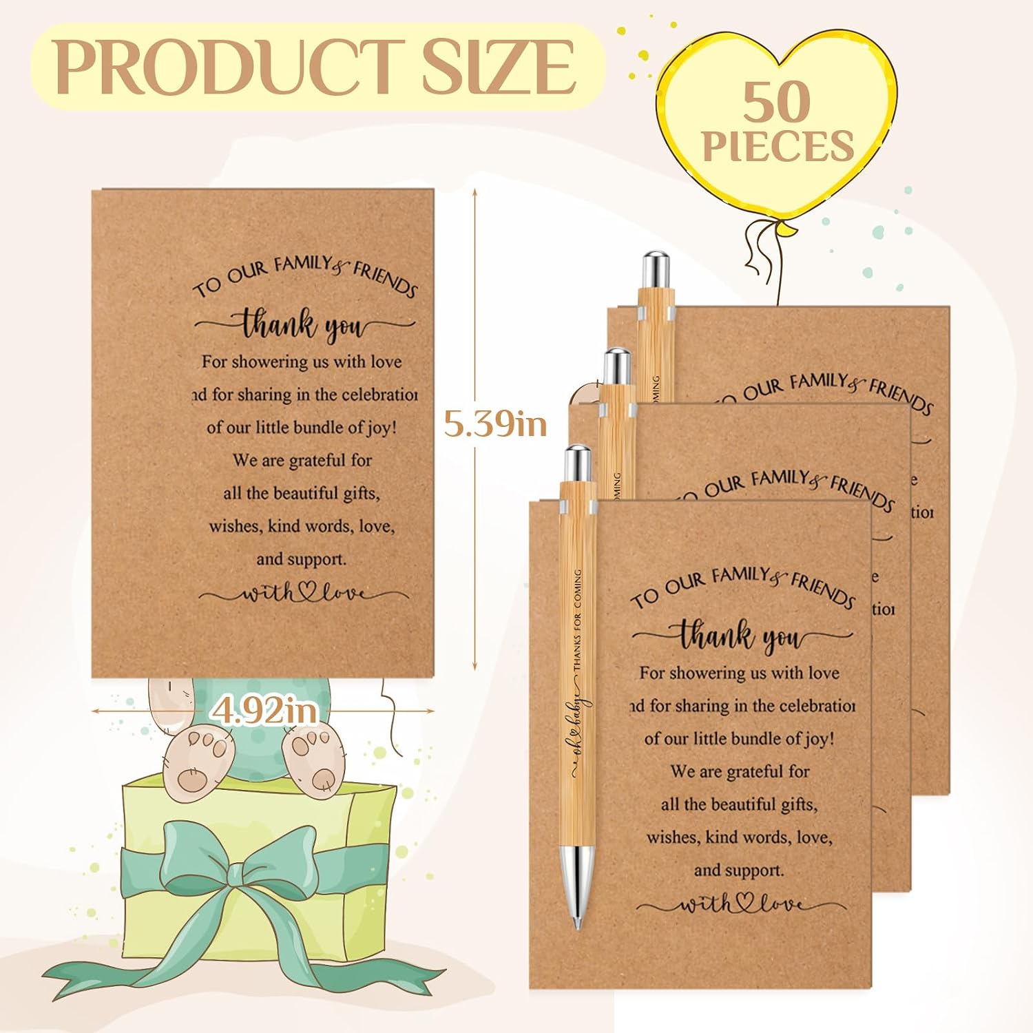 Seajan 50 Sets Baby Shower Gifts for Guests, Baby Shower Favors Includes 50 Pcs Retractable Pens, Bamboo Pens Bulk, 50 Thank You Cards for Gender Reveal Return Gifts Birthday Party Souvenirs Prizes