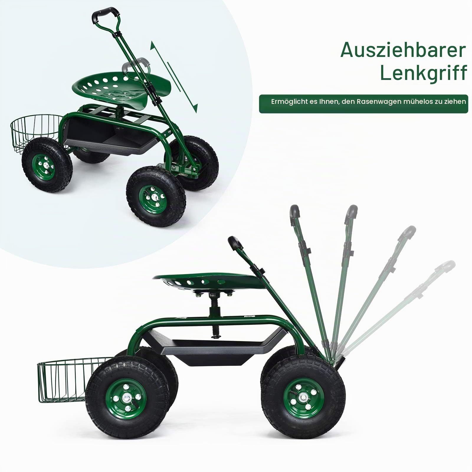 RELAX4LIFE Rollsitz mit Ablage Korb, Gartensitz mit Ausziehbarem Griff 4 Rädern, Gartenrollsitz Fahrbar & 360 ° Drehbar & Höhenverstellbar, Arbeitssitz bis 150kg Belastbar, für Gartenarbeit