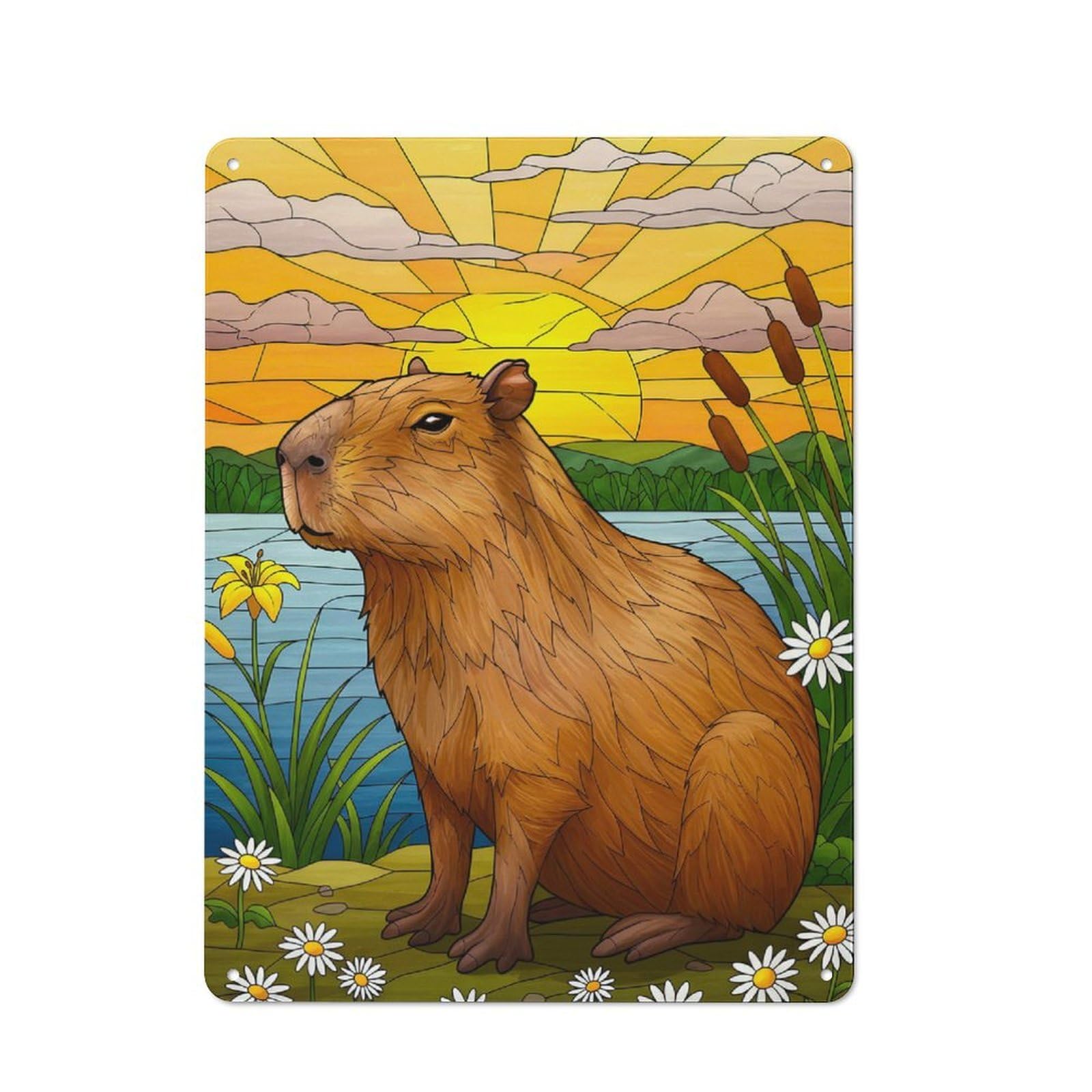 Junmoney Capybara By The Lake At Sunset Metal Wall Sign 40X30cm Featuring For Garage Wall, A Housewarming Gift For People Furnishing A Garage