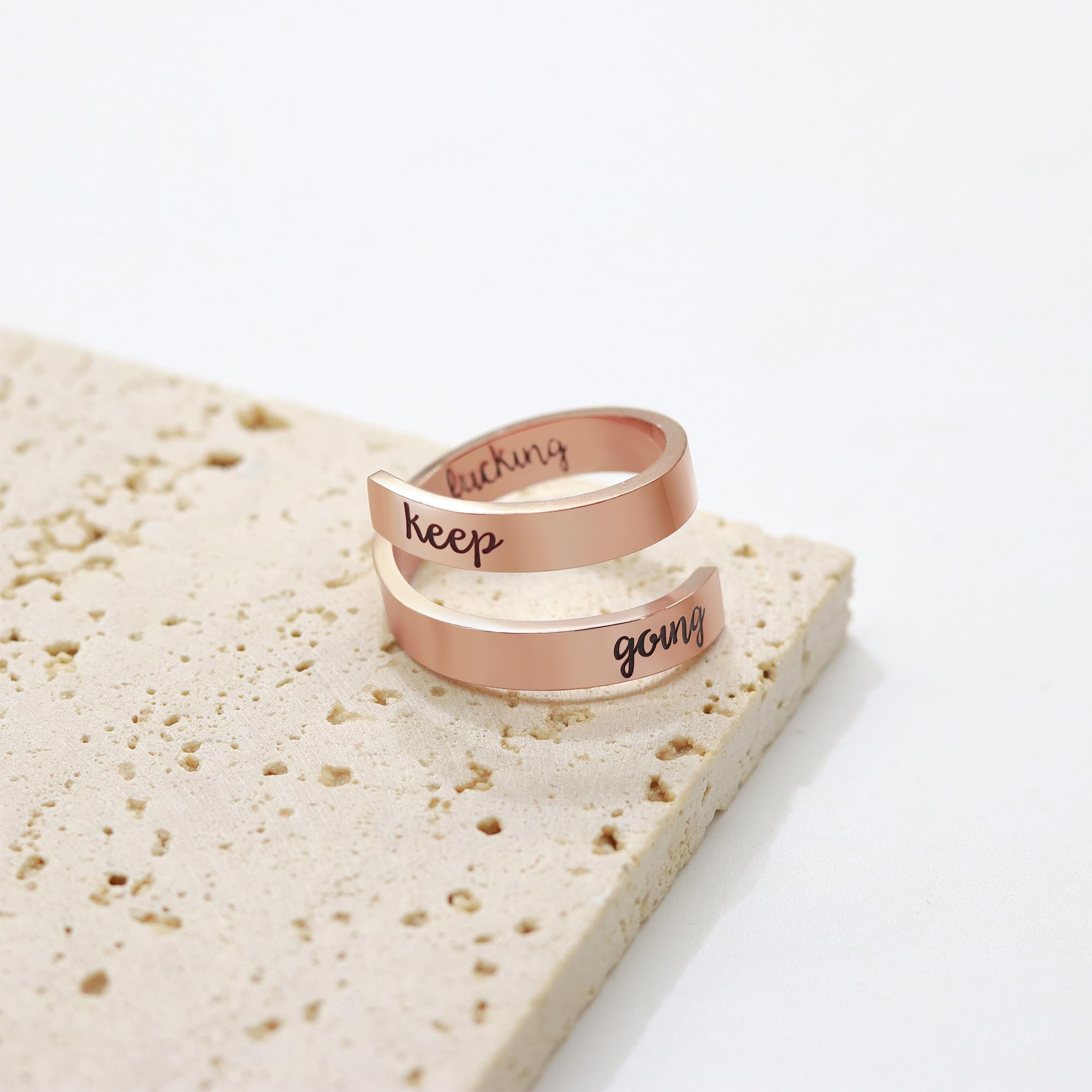 Anillo de plata con texto en inglés Keep Going, anillos inspiradores de acero inoxidable, tamaño grabado, bandas ajustables para estimulación de personalidad genial para mujeres y hombres, 4