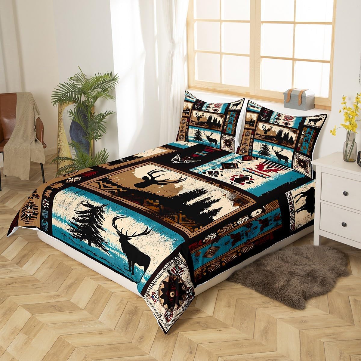 Feelyou Aztec Deer Duvet Cover King, Boho Western Bedding Set for Kids Deer Hunting Comforter Cover Boys Girls Farmhouse Wildlife Bedspread Cover with 2 Pillow Case (No Comforter)