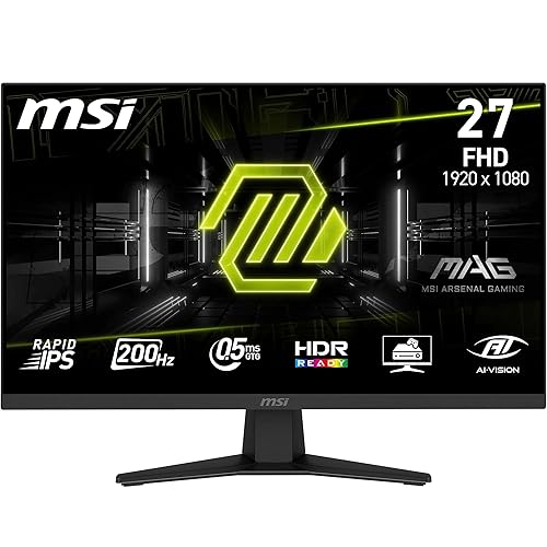 MSI MAG 274F Monitor Gaming 27" FHD, 1920x1080 Pannello Rapid IPS, 200Hz, 0,5ms (GtG), HDR Ready, Eye Care, AI Vision, HDMI 2.0b, DP 1.2a, Design senza bordi, Stand Regolabile in Inclinazione - 27'' / FHD (NEW) - Nero