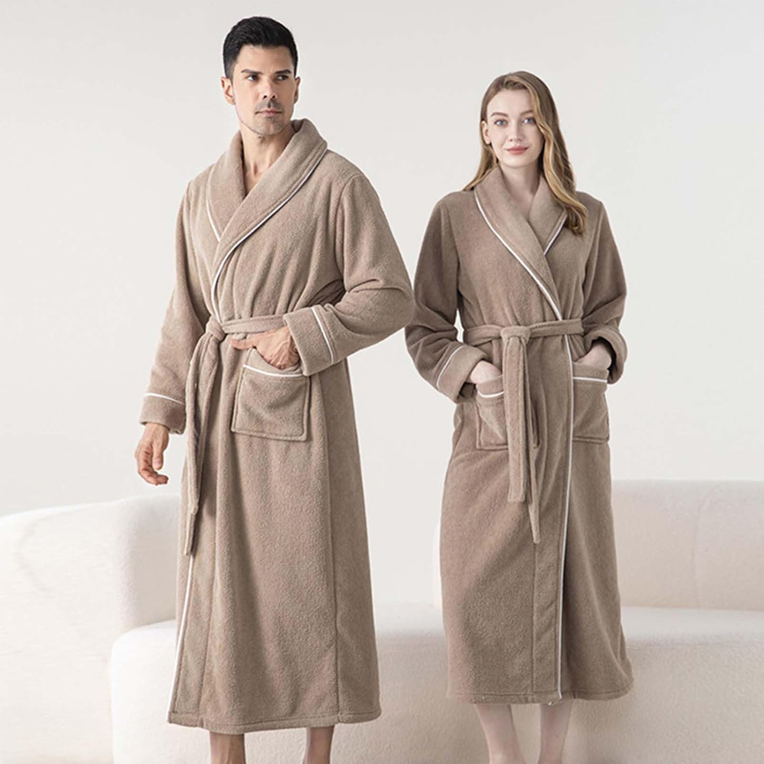Mens Fleece Robe,Plush Long Bath Robes Cozy Warm Bathrobe Fuzzy Male Spa Robe With Pockets Tall and Big Sleepwear Pjs