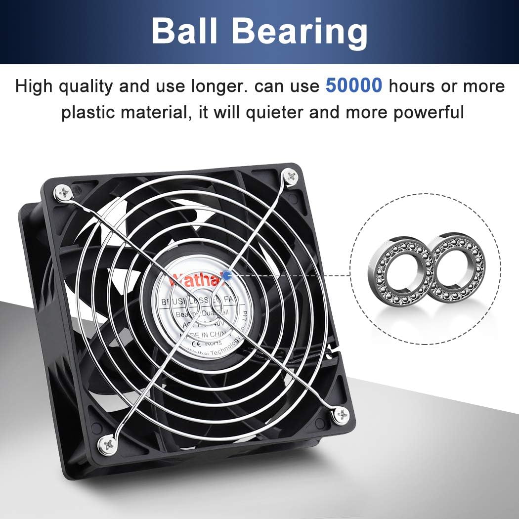 Wathai EC AC 110v 120v 220v 240v Industrial Fan 120mm x 38mm with AC Plug with 120mm Fan Filter