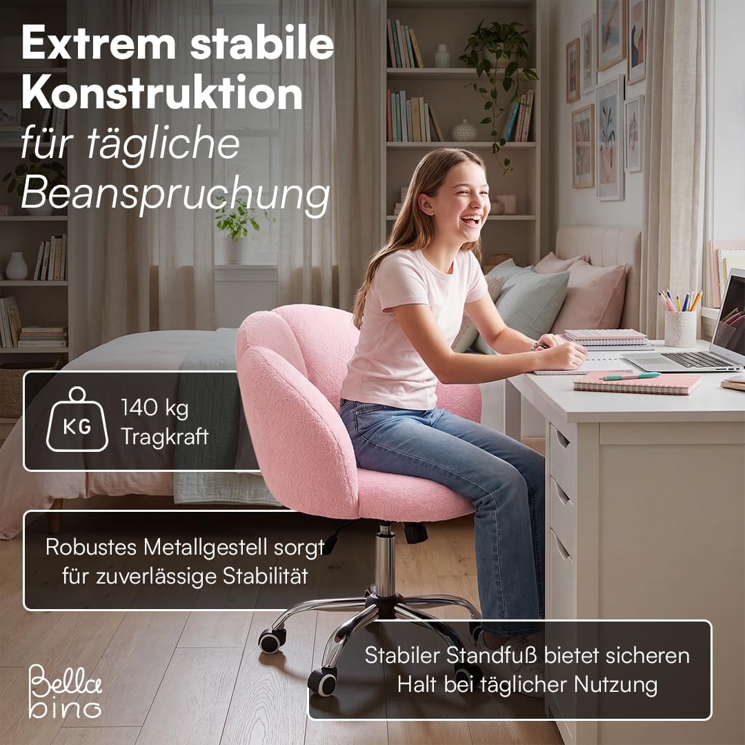 Bellabino Meli Kinderschreibtischstuhl in Wolkenform rosa – 360° Drehstuhl für Kinder- & Jugendzimmer – ergonomischer Kinderstuhl höhenverstellbar – gepolsterter Kinder Schminktischstuhl mit 5 Rollen
