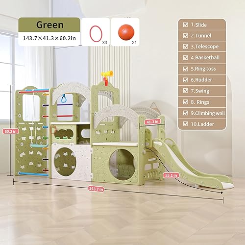 Miniatura 2 de UNICOO Zona de juegos interior 10 en 1, juego de gimnasio de la selva con tobogán, pared de escalada, escalera, columpio, baloncesto, anillos