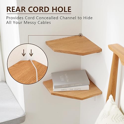 Miniatura 4 de Estante de esquina flotante de madera de roble macizo con agujero de alambre para cable, estante de esquina para plantas pequeñas, soporte de pared
