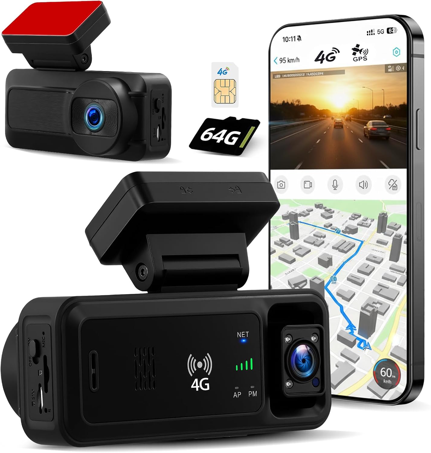 4G LTE Dash Cam Front & Inside 1080P Dual Camera, 24H Remote Monitoring, GPS Tracking, 5G WiFi APP, Cloud Storage, Night Vision, 64GB Card Included for Car Truck Van