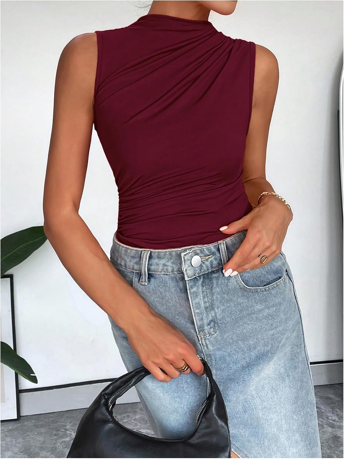 SweatyRocks Women's Mock Neck Ruched Bodysuit Sleeveless Solid Casual Jumpsuit Tops