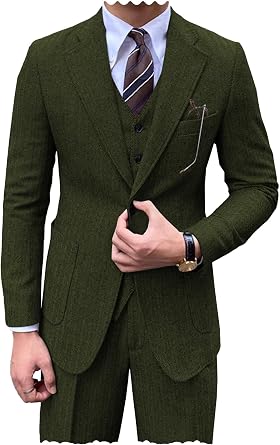 Mens 3 Piece Herringbone Tweed Suit Business Casual Wool Tuxedos Set Groom Wedding Prom