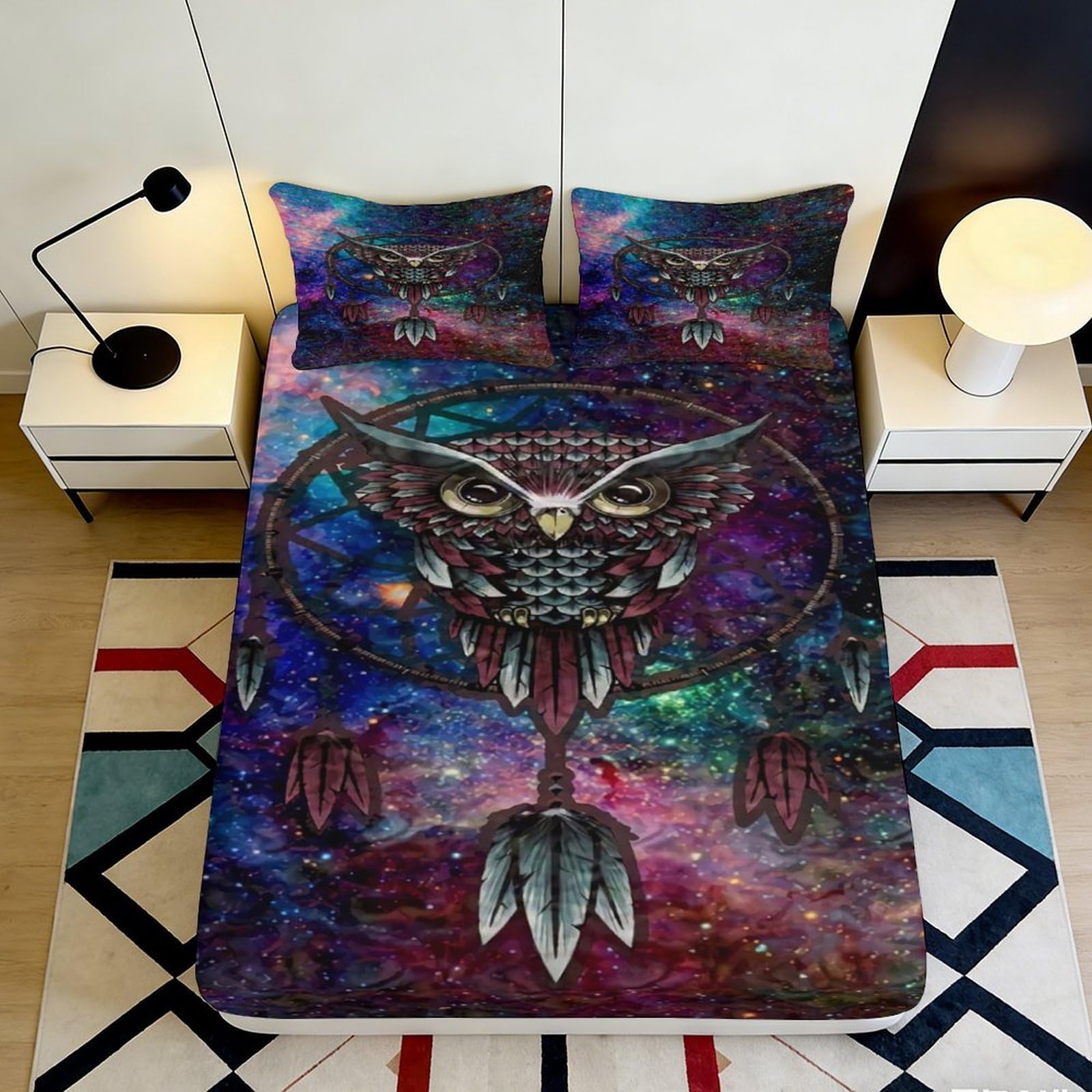 3D Printed Owl Dreamcatcher Fitted Sheet Microfiber Soft Breathable Cosmic Nebula Bed Cover for Bedroom Dormitory Guest Room Mattress Protection 160x200x25cm