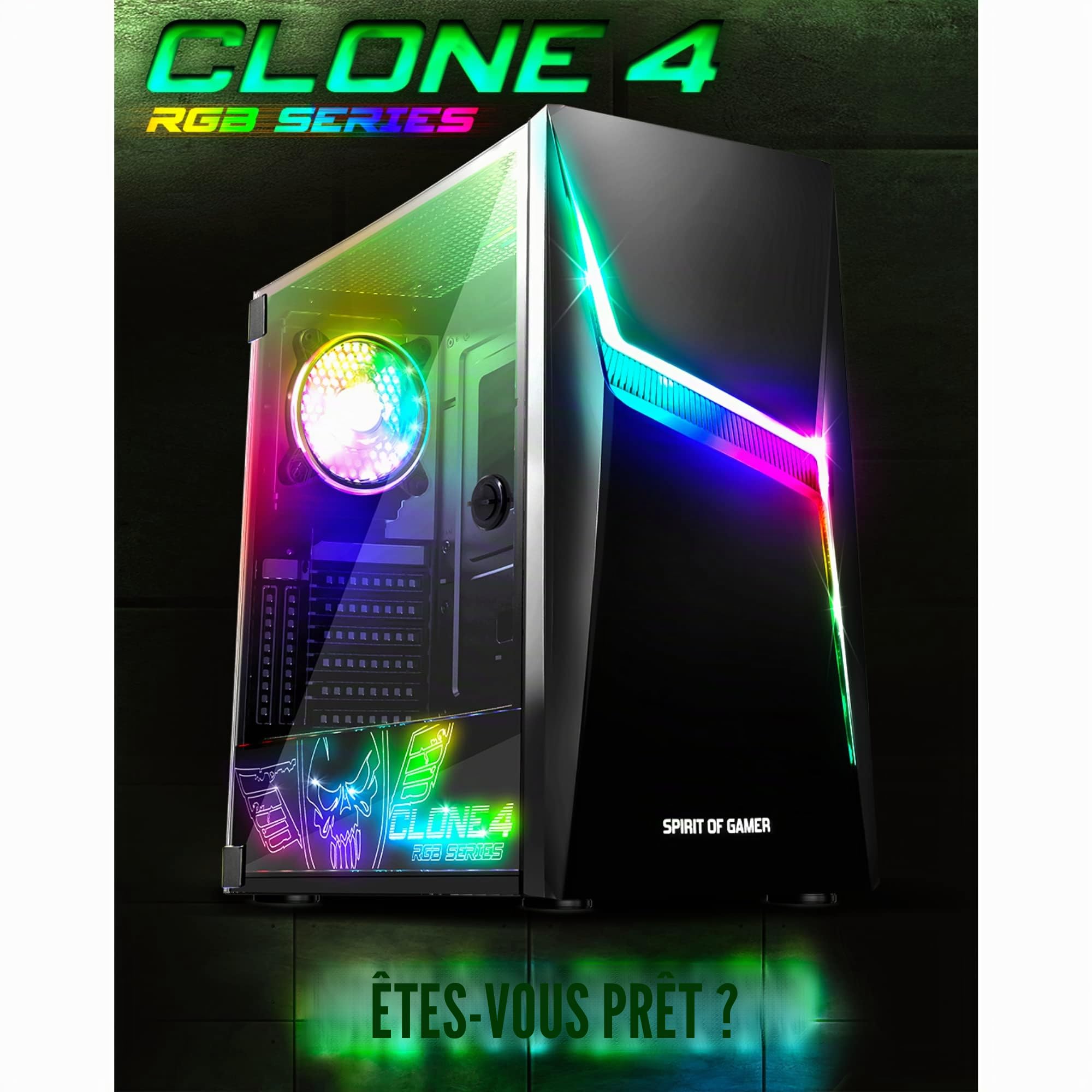 Spirit Of Gamer - Clone 4 - Boitier PC Gamer RGB avec Paroi Transparente en Verre Trempé - Créez Votre PC Gaming - Tour Moyen Compatible ATX/MATX/ITX - 2 Ventilateurs 120mm Adressable Inclus (Noir)