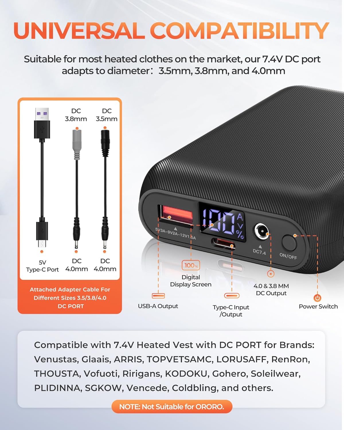 𝟳.𝟰𝗩/𝟱𝗩 𝟭𝟲𝟬𝟬𝟬𝗺𝗔𝗵 Heated Vest Battery Pack, Power Bank with USB/Type-C/DC (3.5/3.8/4.0) Output and LED Display, for Heated Vests, Hoodies, and Jackets up to 12H