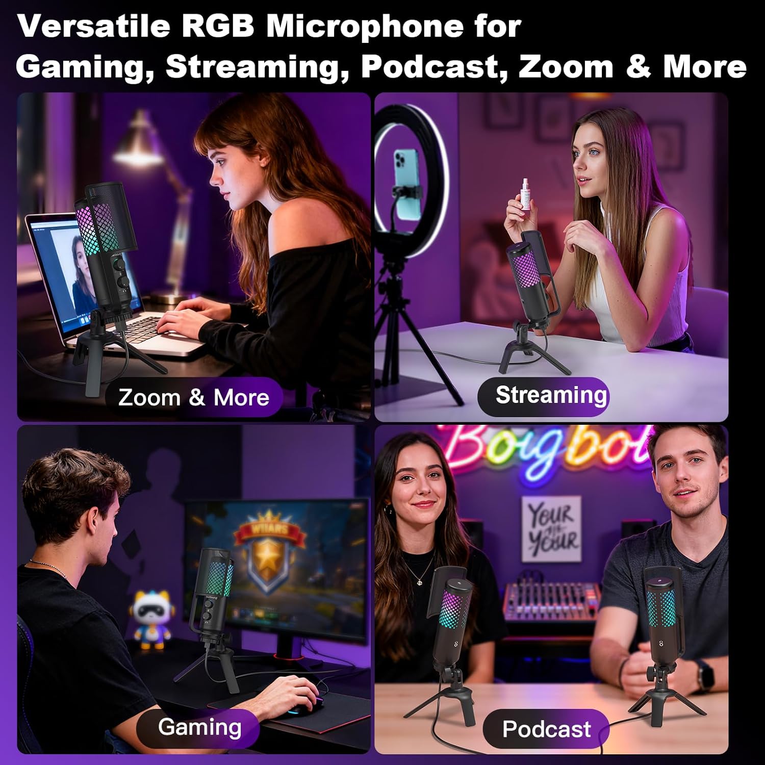 ZealSound Podcast Microphone for PC/Mac/iPhone/Phone – 96kHz/24bit USB Condenser Mic with Noise Reduction, Tap-to-Mute, Gain Control, Zero-Latency Monitor, RGB Light for Streaming, Gaming, Recording