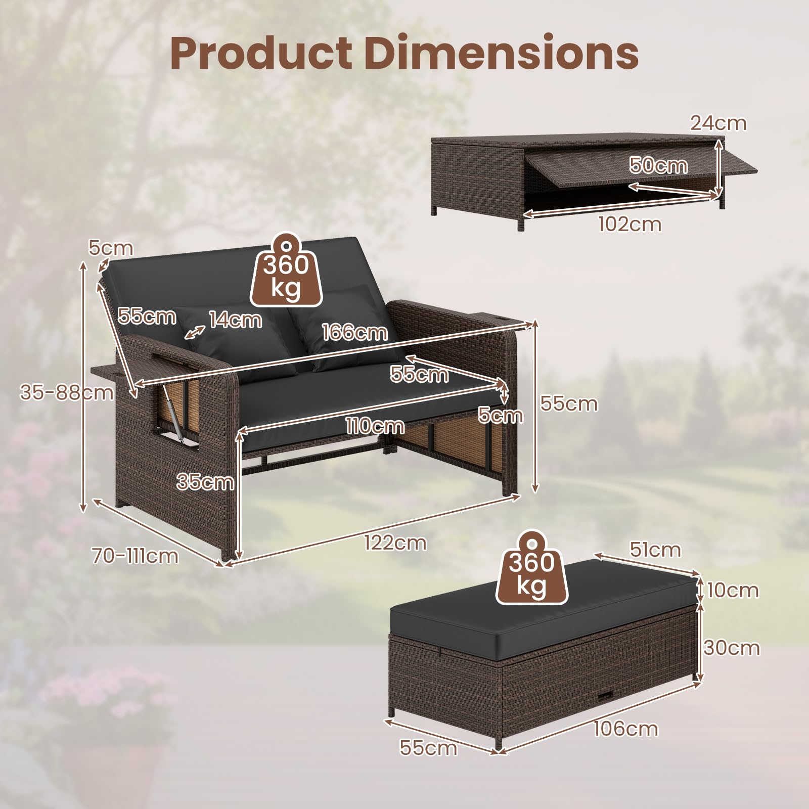 GIANTEX Sofá de Jardín 2 Plazas con Taburete Reposapiés, Muebles Ratán 2 Piezas con Cojines, Mesas Plegables, Respaldo Ajustable en 4 Niveles, Sofá Cama Exterior para Patio Terraza (Marrón+Negro) | Tres en un diseño