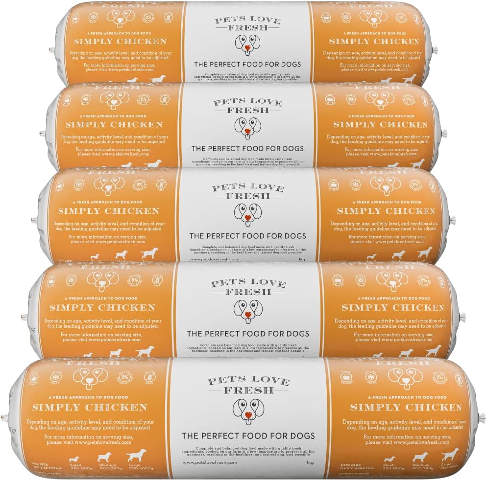 Healthy & Tasty Fresh Dog Food by Pets Love Fresh - 100% Natural - Real British Meat - Zero Preservatives - Simply Chicken (5 x 1kg chub rolls)