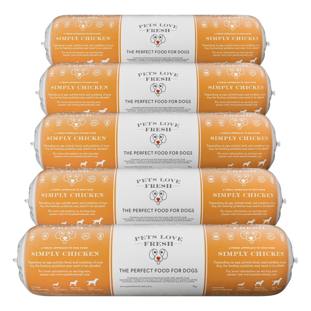 Healthy & Tasty Fresh Dog Food by Pets Love Fresh - 100% Natural - Real British Meat - Zero Preservatives - Simply Chicken (5 x 1kg chub rolls)