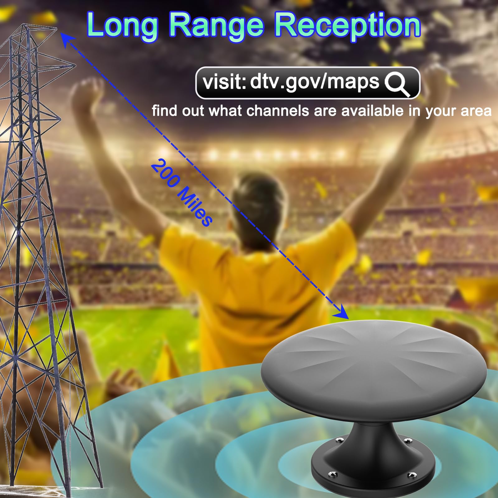 Antenna TV per camper, per esterni, portatile, a lungo raggio a 720°, ricezione omnidirezionale, segnale HD digitale, con amplificatore di segnale, cavo HDTV da 10,7 m (BLACK1)