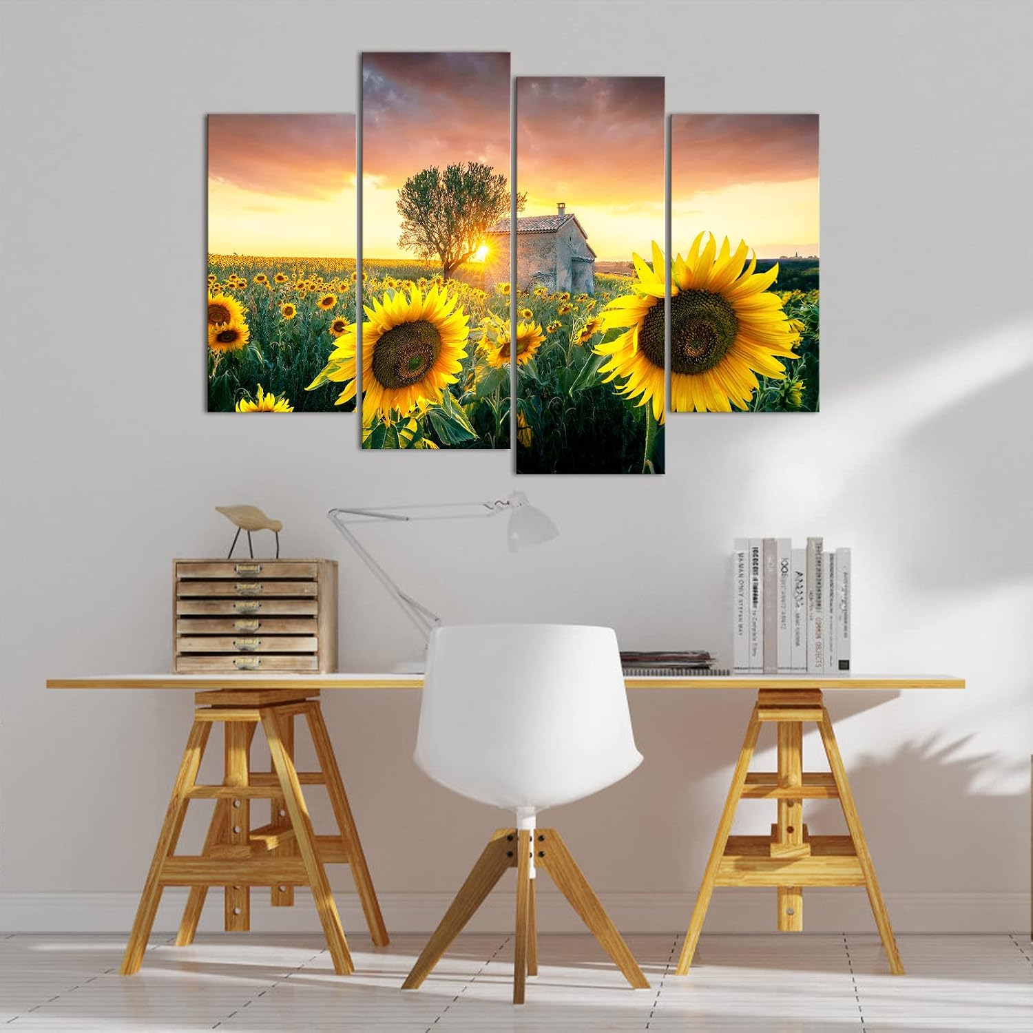 Biuteawal Sunflower Canvas Wall Art Decor 4 Pieces Sunset Landscape Paintings Print Yellow Flower Framed Picture Botanical Field Artwork for Living Room Home Kitchen Bathroom Farmhouse Decorations