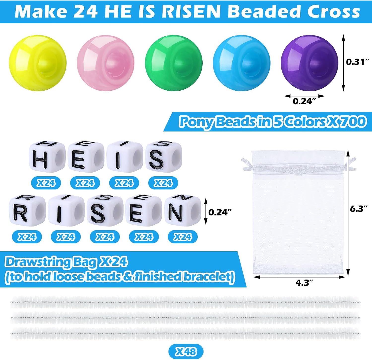 Ferreve He is Risen Cross Craft Kit, Make 24 Religious Easter Beaded Ornament Christian Craft Gift, Include 700 Colorful Pony Beads, 216 Letter Beads, 48 Chenille Stems for DIY Decor