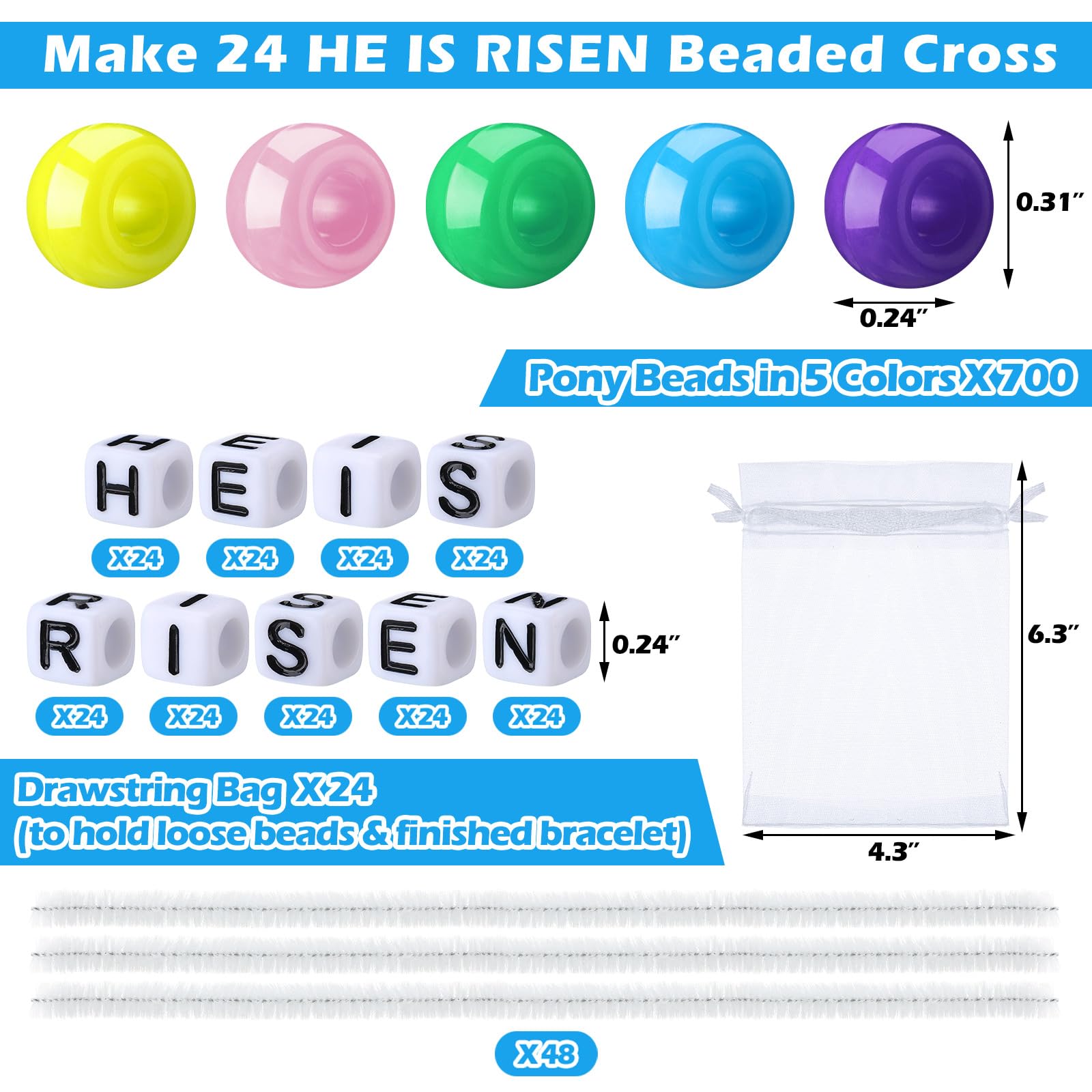 Ferreve He is Risen Cross Craft Kit, Make 24 Religious Easter Beaded Ornament Christian Craft Gift, Include 700 Colorful Pony Beads, 216 Letter Beads, 48 Chenille Stems for School DIY Decor