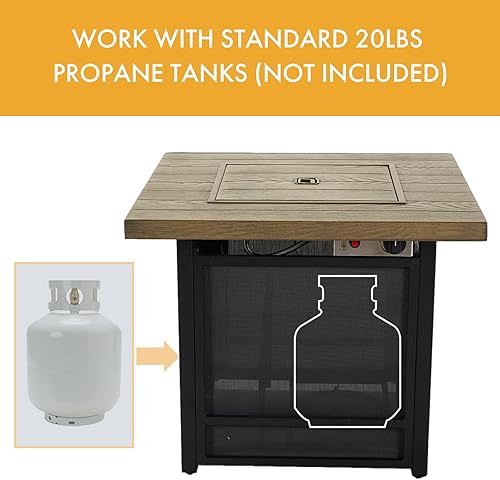 Miniatura 6 de Mesa desmontable para fogata de propano, 29 pulgadas cuadrada para exteriores, espacio libre de 50,000 BTU con mesa de grano de madera, tapa