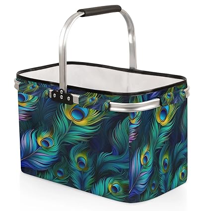 Kizmoglux Peacock Green Feather Collapsible Market Basket, Foldable Picnic Basket - Large Shopping Basket with Handles, Portable Folding Bag for Shopping Camping Picnic