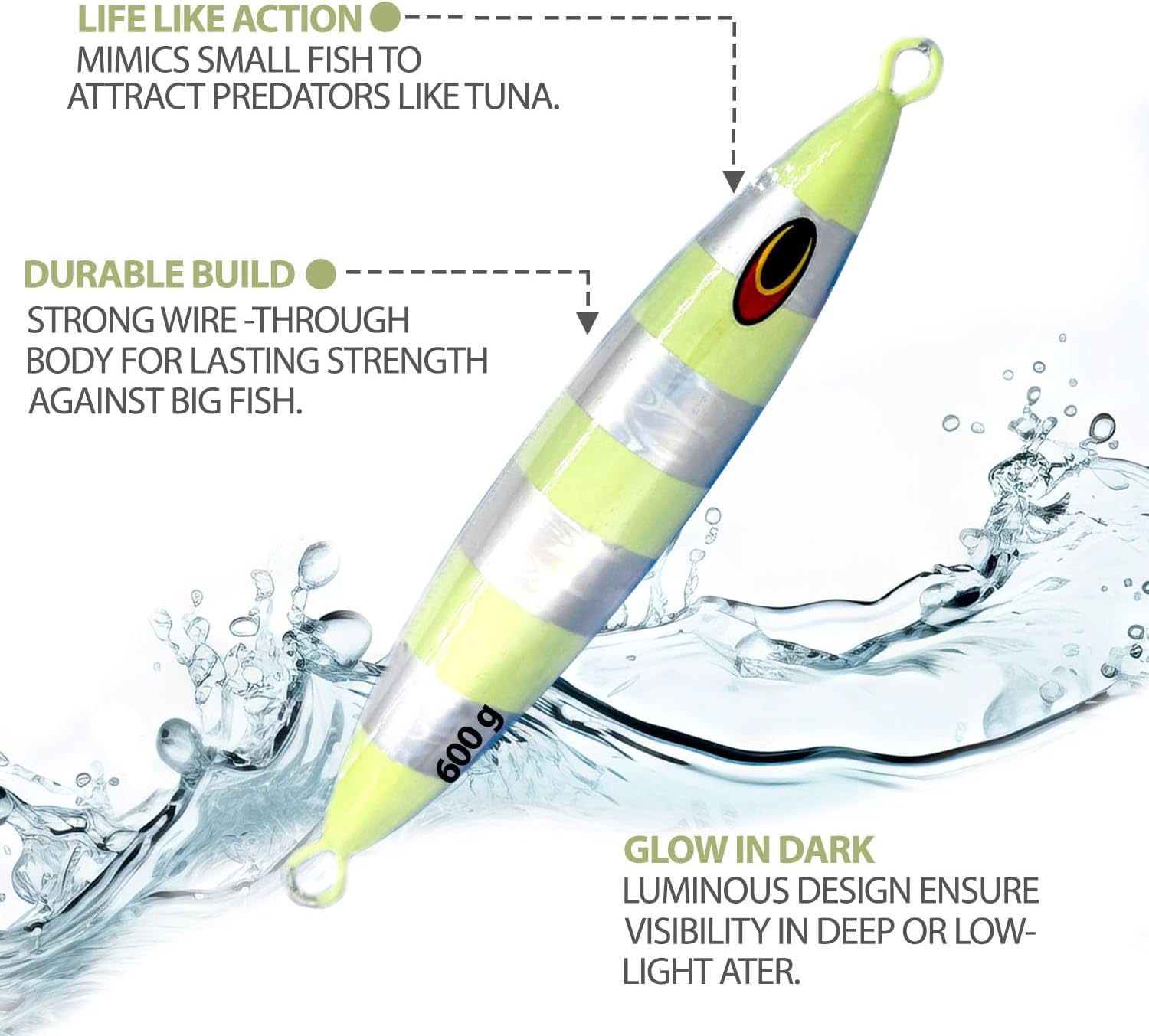 7" Tuna Jig Silver Zebra Glow 600g 3 Pcs, Saltwater Jig Head for Tuna, Offshore Jigging, Deep Sea Fishing Lure, Slow Fall Jig for Saltwater Trolling