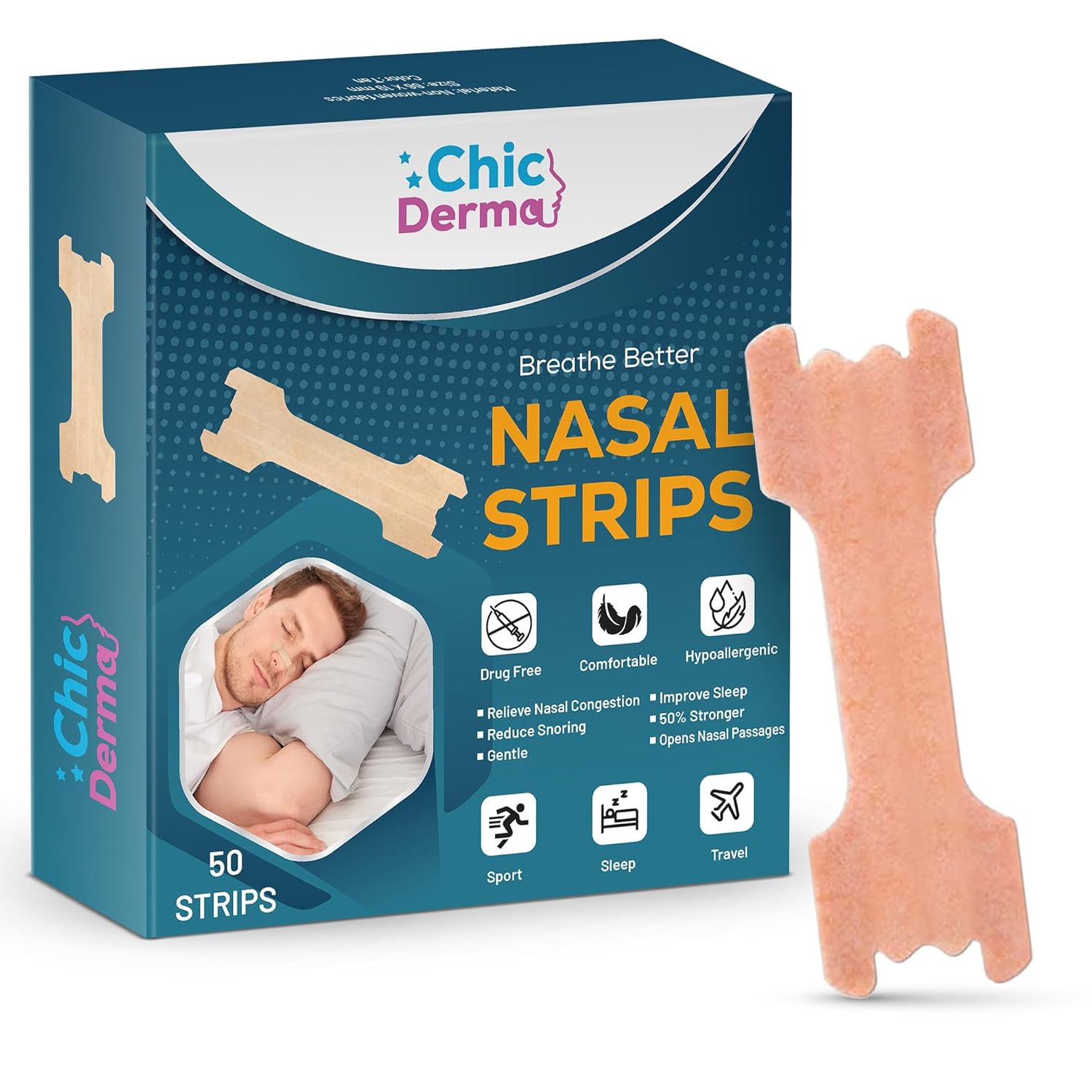 Chic Derma Nasal Strips for Snoring 50 Pieces Nose Strips to Stop Snoring and Airflow Support Nasal Congestion