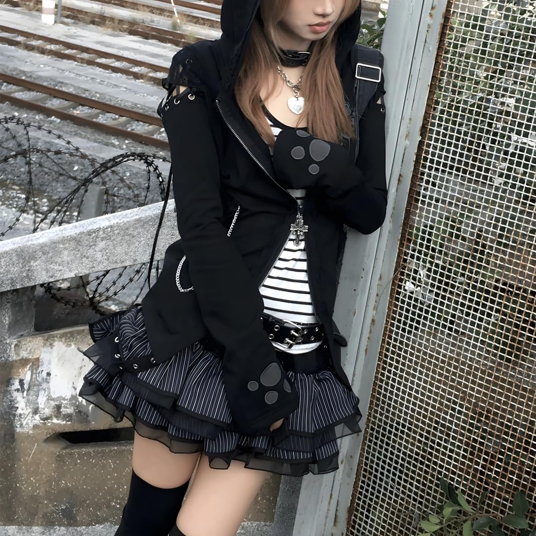 Gothic Grunge Kawaii Lolita Casual Elastic Waist Vintage Mesh Lace Rivet Trim Striped Layered Pleated Short Skirt - Image 6