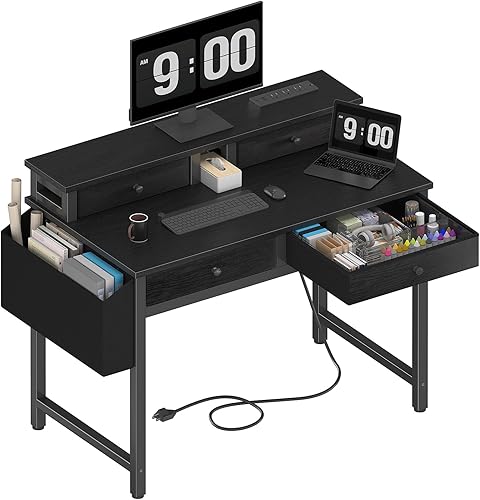 Lufeiya Escritorio pequeño con cajones para oficina en casa, dormitorio, escritorios de estudio negros de 31 pulgadas con cajones de tela, mesa de