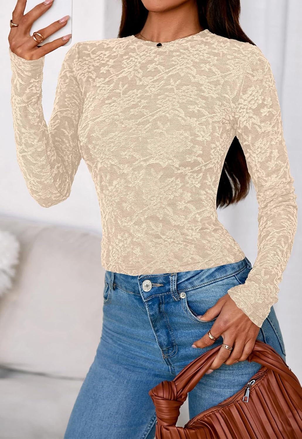 PRETTYGARDEN Women's 2026 Fall Long Sleeve Lace Dressy Casual Blouses Crewneck Slim Embroidered Fashion Mesh Tops Shirts - Image 5