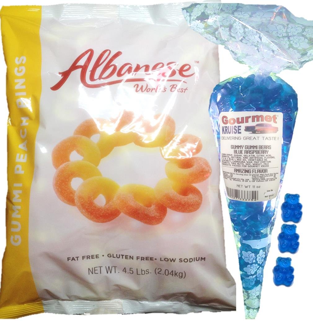 Gummi Gummy Peach Rings Albanese - Bulk Candy 4.5Lb Bag With Blue Raspberry Bears Gourmet Kruise Signature Gift Bag 11 OZ (NET WT 83 OZ) 2 Item Bundle