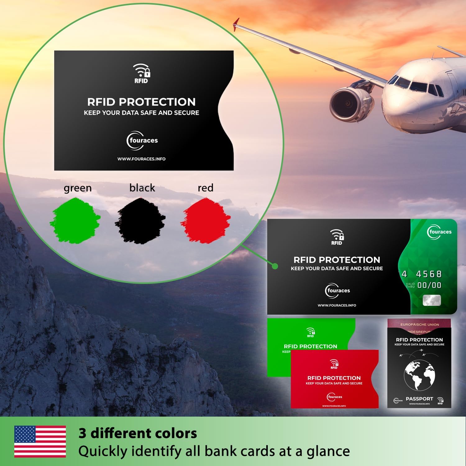 rfid blocking set, 4 pieces, 3 sleeves for credit card, 1 sleeve for passport - protector for bank card, anti fraud nfc card holder
