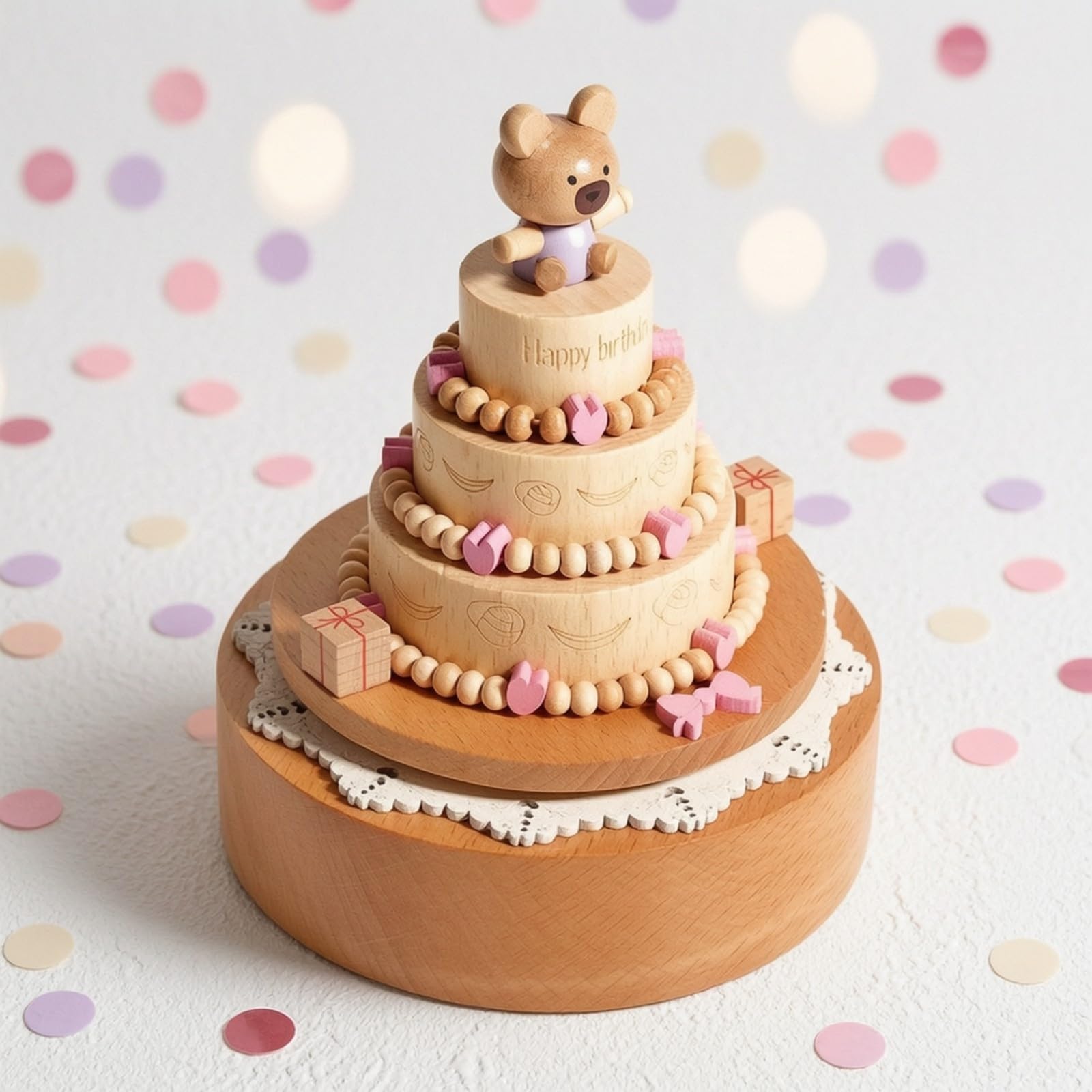 Carillon con Figure in Legno di Faggio per Bambini con Manovella E Piattaforma Rotante per Controllare Il Regalo Adatto per Camerette E Studi, Palloncino Orso