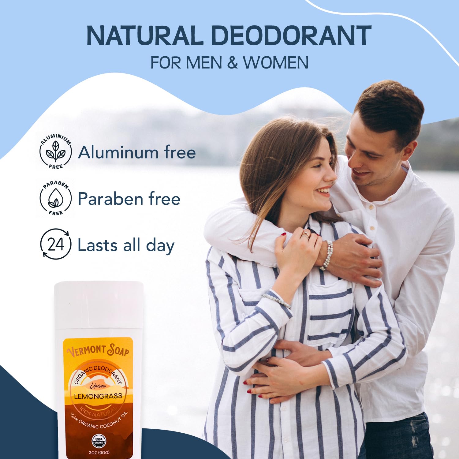 Vermont Soap Deodorant, Organic Lemongrass Deodorant, Antiperspirant Natural Deodorant for Men & Women, Paraben Free & Aluminum Free Deodorant - Pack of 3-3 oz.