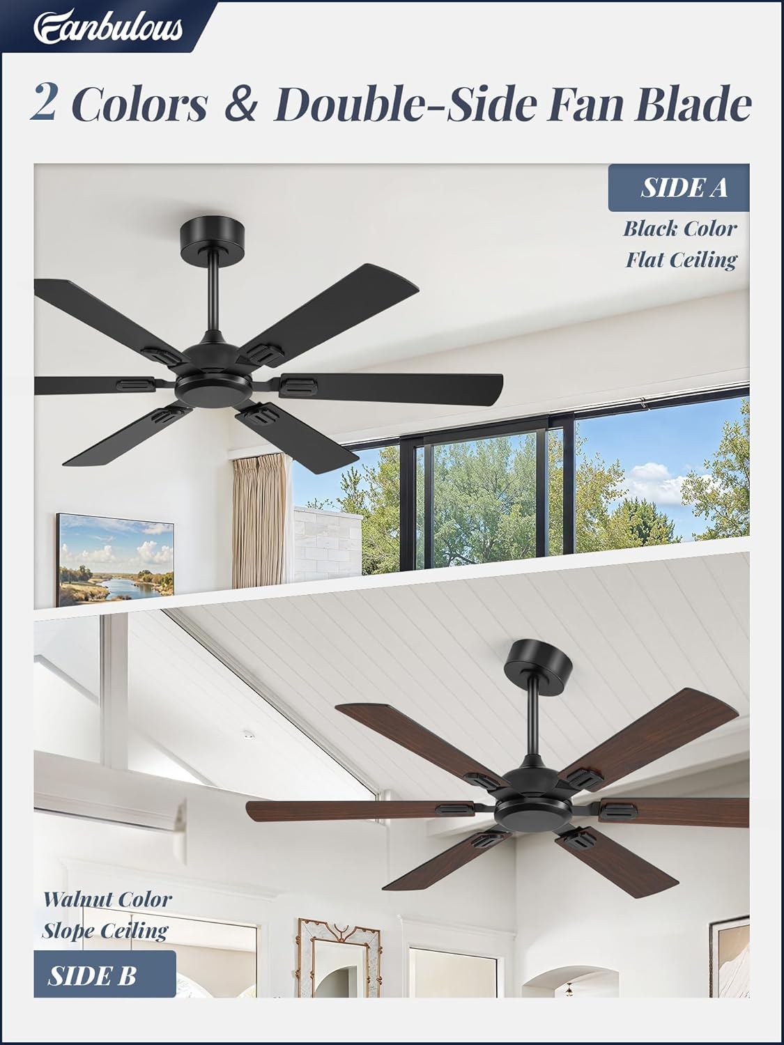 Fanbulous 52 Inch Ceiling Fans No Light with Remote, Modern Ceiling Fan Without Light, Dual Finish 6 Blades, Reversible Quiet DC Motor, 6 Speed, Large Ceiling Fan for Indoor or Covered Outdoor, Black - Image 6
