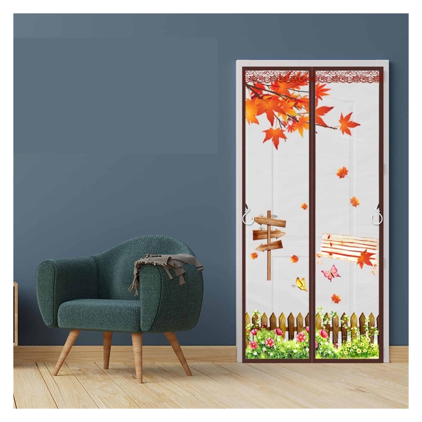 Moustiquaire porte magnétique W85xH200cm rideau isolant transparent motif feuille érable