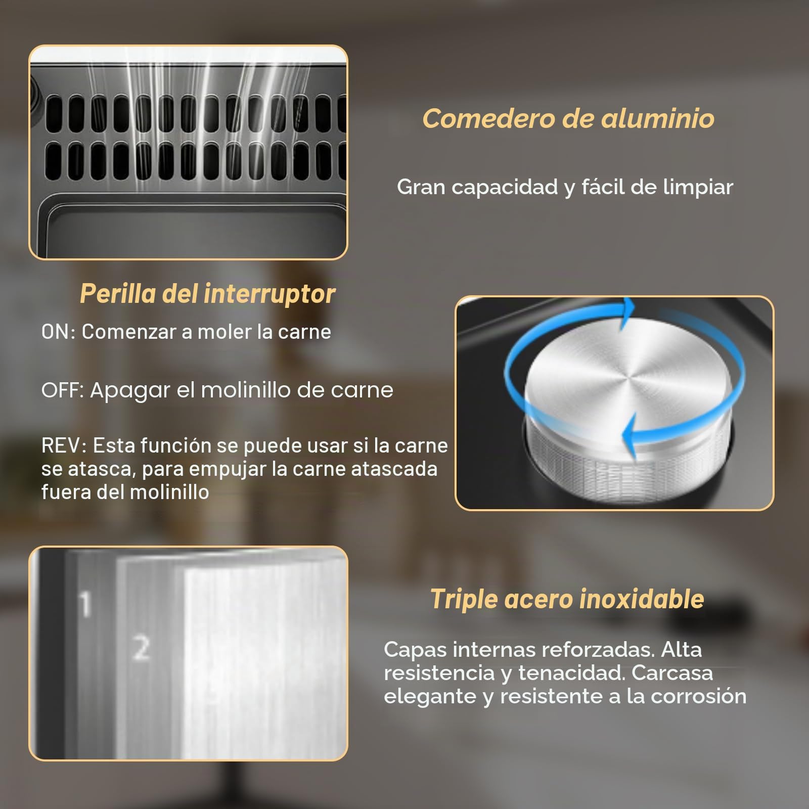 Picadora de Carne Eléctrica 3200W Max, Picadora de carne Multifuncional | Con 3 Placas de Corte, 2 Cuchillas y 3 Tubos para Embutidos, Picadora de Carne en Acero Inoxidable para Uso Doméstico