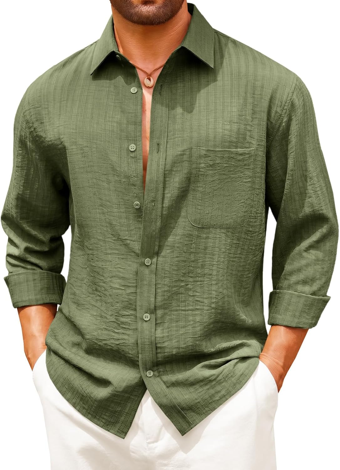 Runcati Mens Button Down Shirts Long Sleeve Casual Textured Shirt Linen Cotton Beach Hippie Tops with Pocket