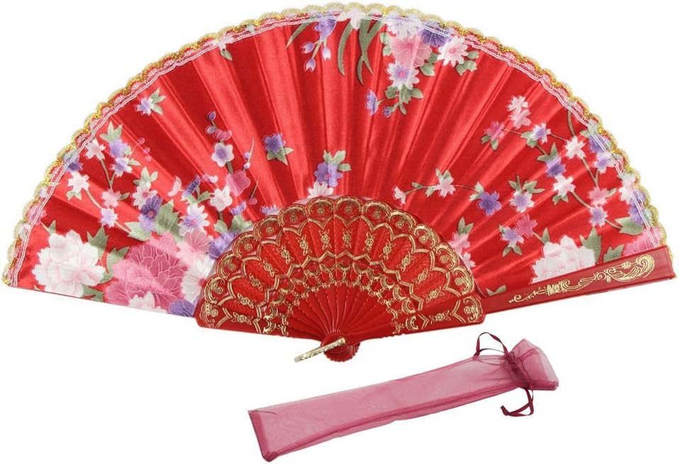 Jsswb Chinese Traditional Luxury Flower Paiting Collection Plastic Hand Fans (Red)