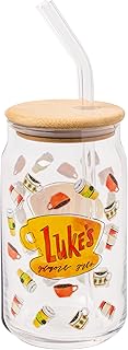 Silver Buffalo Gilmore Girls Luke's Diner Logo Glass Jar Tumbler with Bamboo Lid and Glass Straw, 16 Ounces