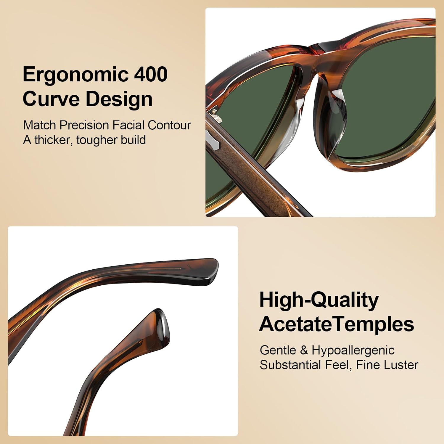 CARFIA Thick Polarized Sunglasses for Men UV400 Protection, Retro Square Hand-crafted Acetate Driving Shades CA5356 - Image 2