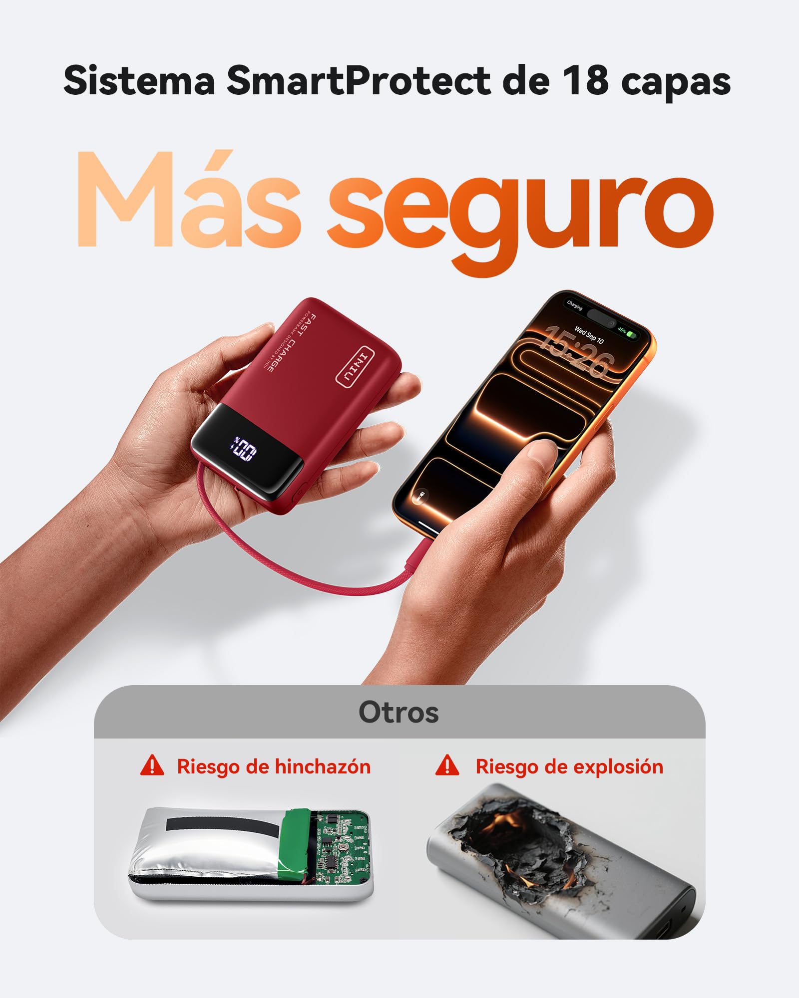 INIU Power Bank, Pequeño 20000mAh 45W Carga Rapida Travel Batería Externa | Cable USB-C Integrado, Apto para Avión, Esenciales de Viaje, Portatil Movil para iPhone 17 16, iPad, Samsung, Xiaomi etc