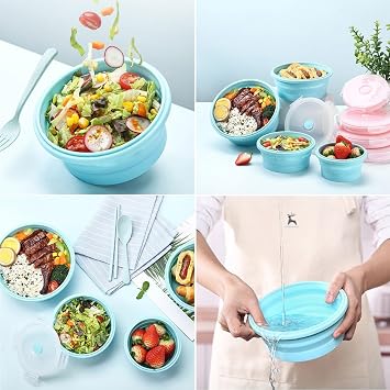 3 Pcs Camping Silicone Collapsible Bowls, Foldable Salad Bowls Set with Lid Food Containers for Travel, Meal, Picnic, Microwave and Freezer Available