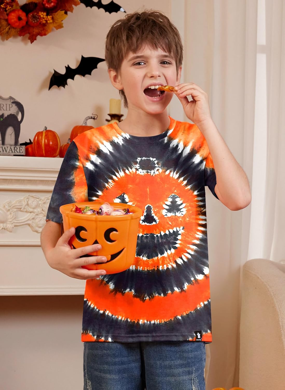 Halloween Little Boys Orange Tie Dye Pumpkin Jack O' Lantern Top Short Sleeve Black Shirt 6 Years - Image 5
