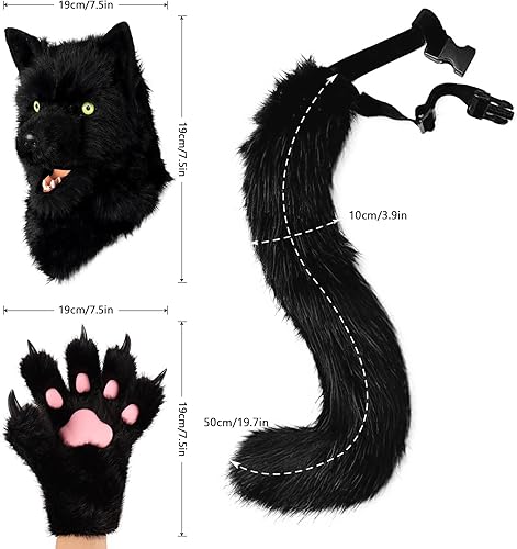 Miniatura 6 de Máscara de cabeza de perro de animales realistas peludos guantes de garra de cola de lobo completo máscaras para fiesta de Halloween, carnaval,